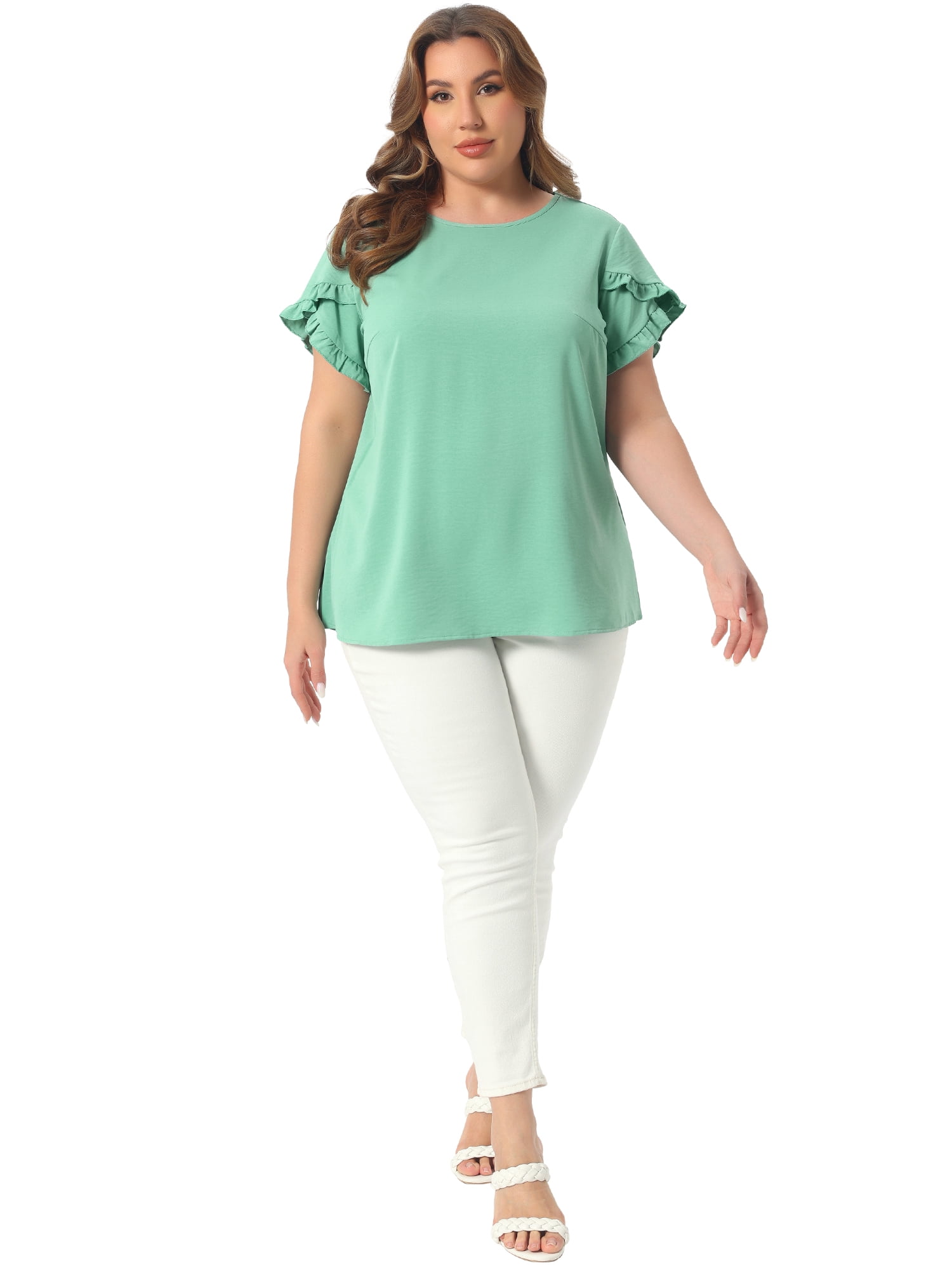DARING DIVA Women's Plus Crew Neck Ruffle Blouse 3X Light Green