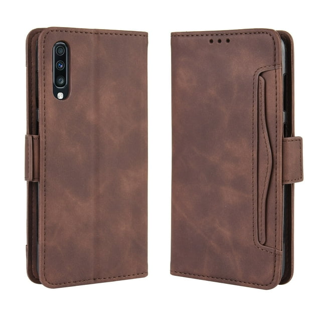 Case for Samsung Galaxy A70 Cover Adjustable Detachable Card Holder Magnetic closure Leather Wallet Case - Brown