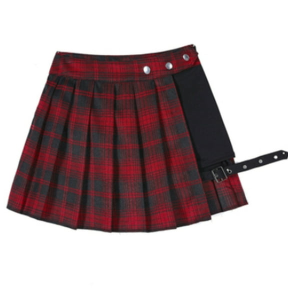 Asymmetric High Waist Plaids Pleated A-Line Skirt with Shorts Trendy Button Skorts Women's Punk Gothic Mini Skirt