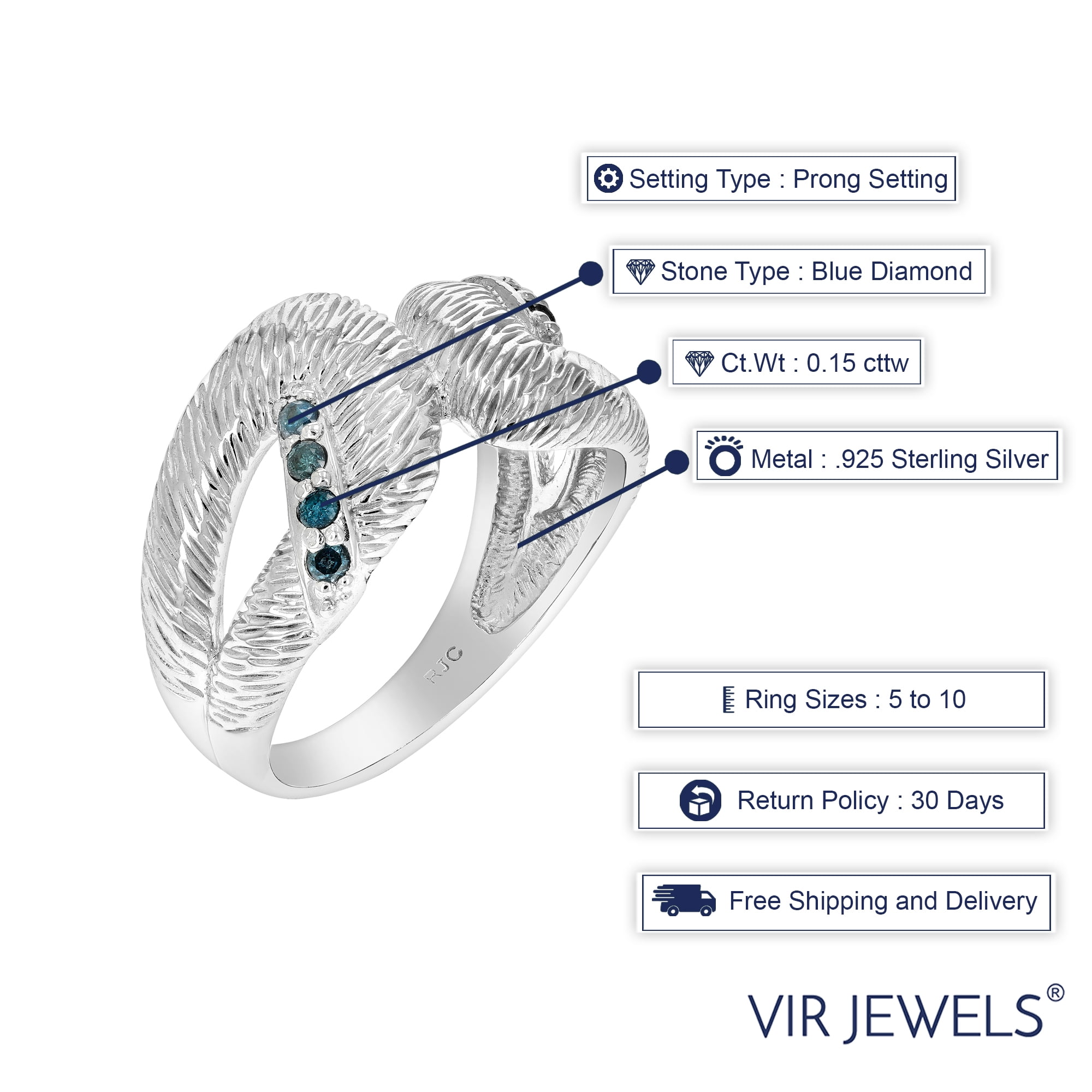 Vir Jewels 0.15 CTTW Blue Diamond Ring .925 Sterling Silver with Rhodium Plating Size 7 Female Adult