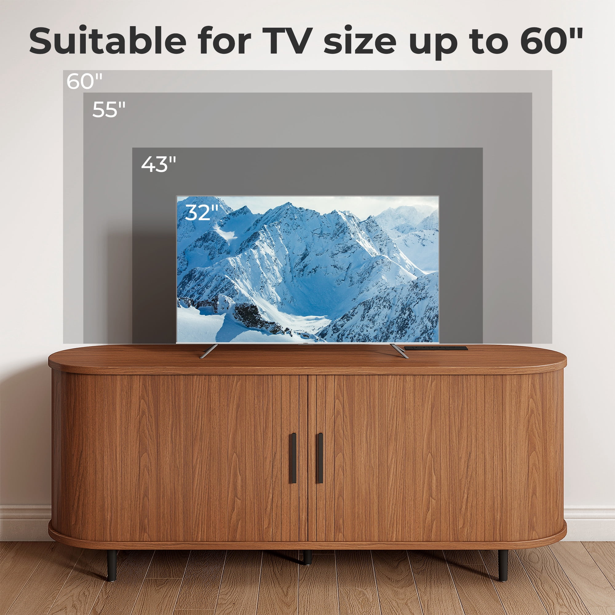 Walnut 55" TV Stand with Power Outlet, Modern Entertainment Center for TVs up to 60", Media Console with Storage Shelves & Sliding Doors