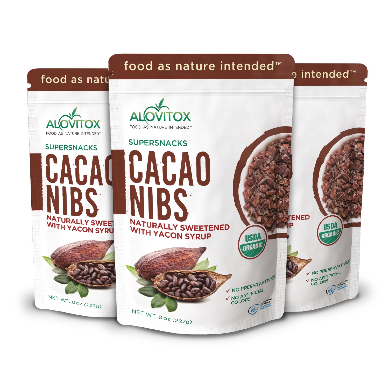 Cacao Nibs Sweetened with Yacon syrup- Natural Sweetner (Zero Sugar)- Keto Friendly-Certified Organic by Alovitox 8oz 3 Pack
