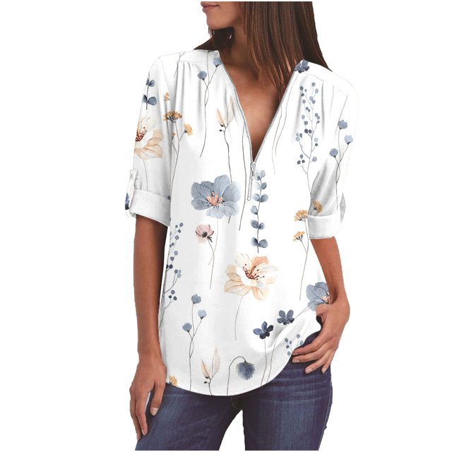 Pompotops Chemises à Manches Longues Imprimées d'Été pour Femmes Tunique Décontractée à Fermeture Éclair Blouse Roulable Col en V en Solde