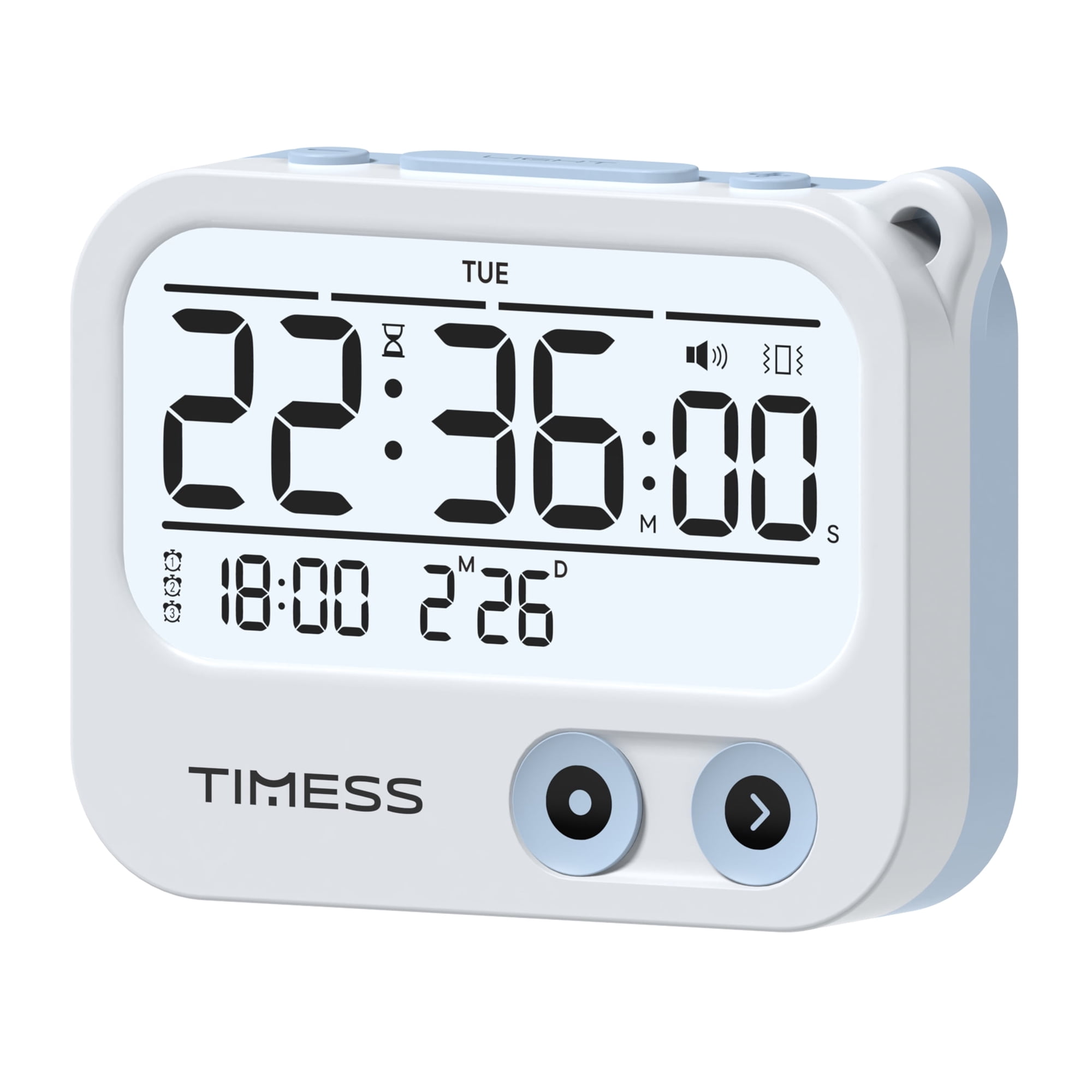 TIMESS Portable Vibrating Alarm Clock and Timer, Battery Powered Digital Clock with Backlight, 3 Alarm Modes, Blue