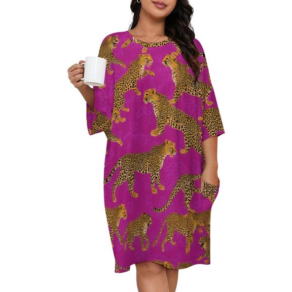 Pink Background Cheetah Print Repeat Sleepshirts For Sleeping Travels Loose Sleepdress Pajama Dress Soft Nightdress Sleepwear