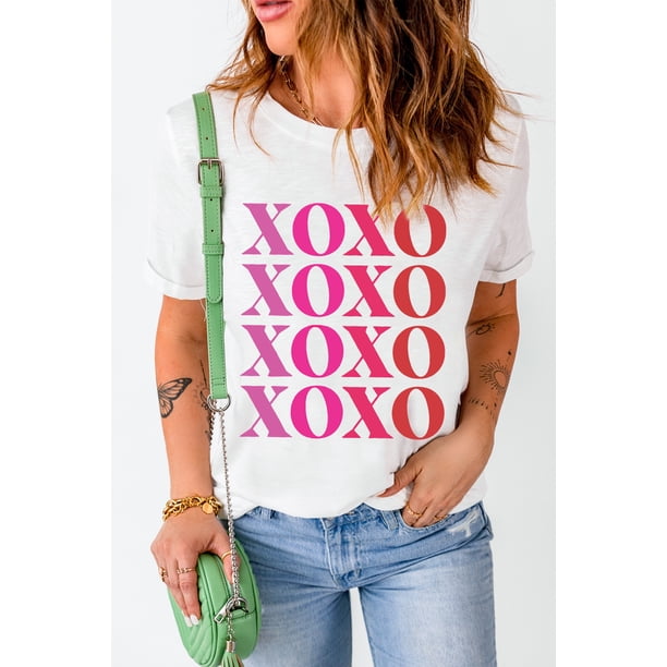 ABPHQTO Camiseta blanca con gráfico XOXO y cuello redondo para mujer