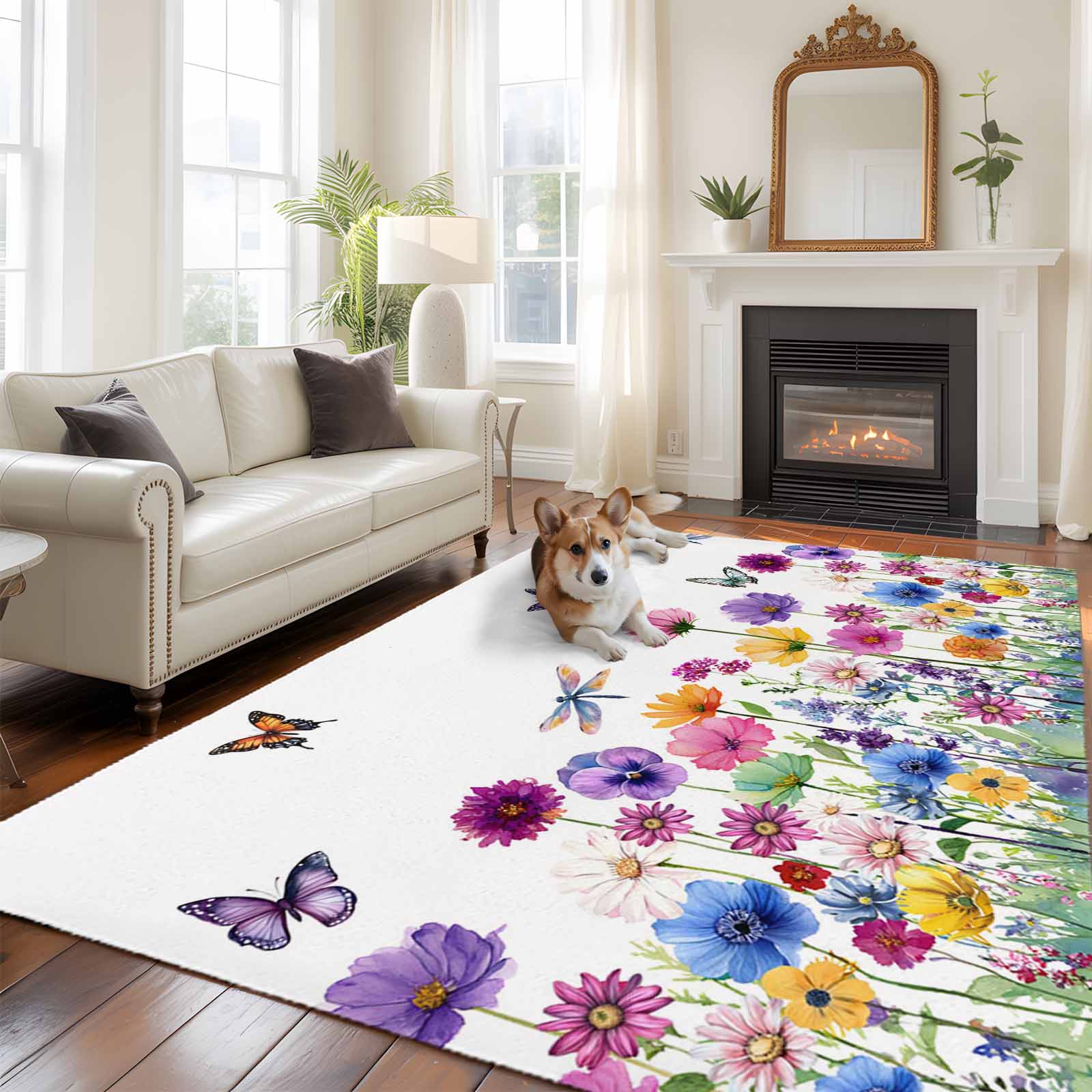 Large Area Rugs for Living Room Bedroom, Spring Flowers 8'x10' Rug Washable Carpet Runner Indoor Outdoor, Watercolor Butterfly Dragonfly Daisy Country Non Slip Floor Mats Rug for Kitchen, Patio