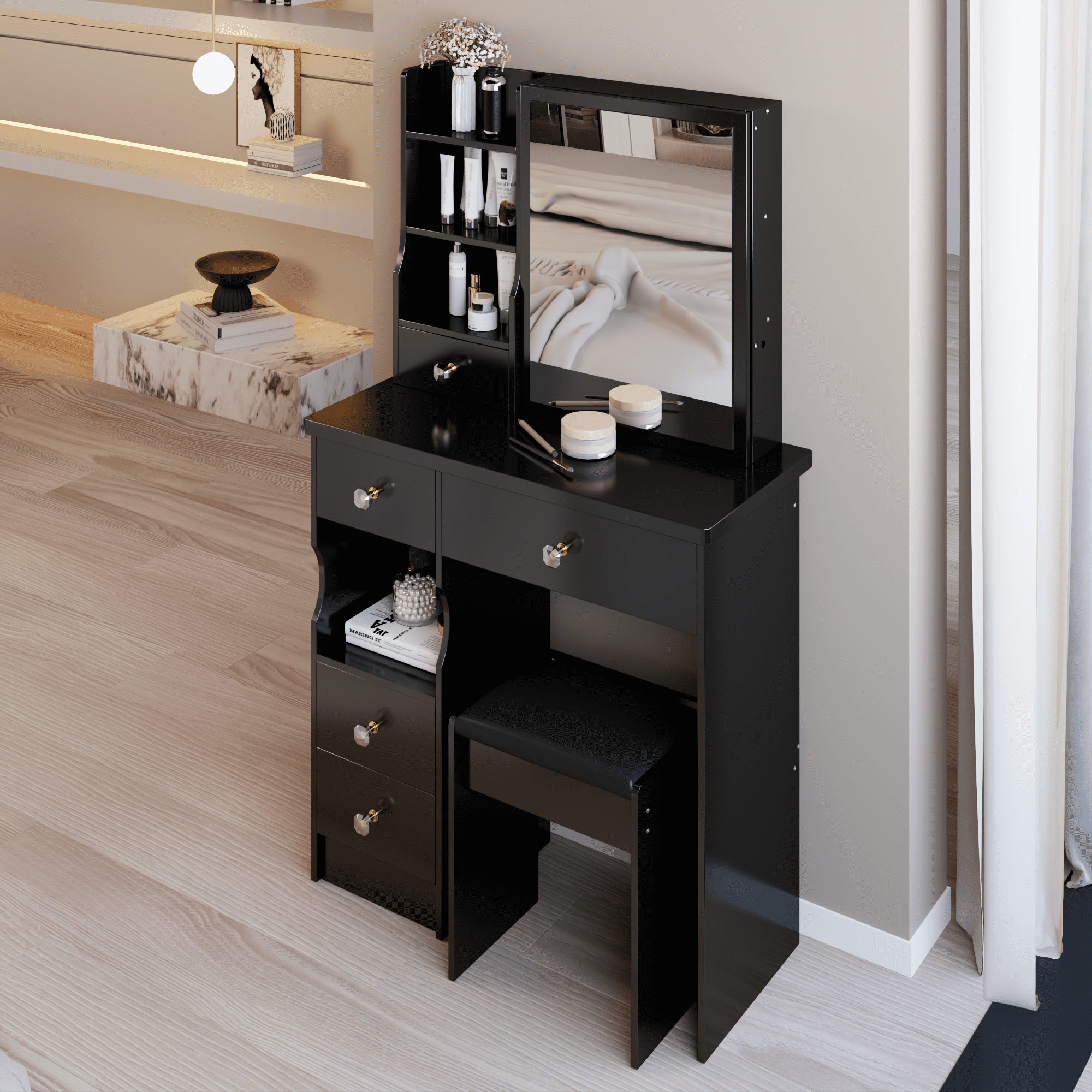 29.2" Small Space Left Drawer Desktop Vanity Table + Cushioned Stool, Extra Large Right sliding mirror, Multi Layer High Capacity Storage, Practical Fashionable Dresser, Suitable For Small Space