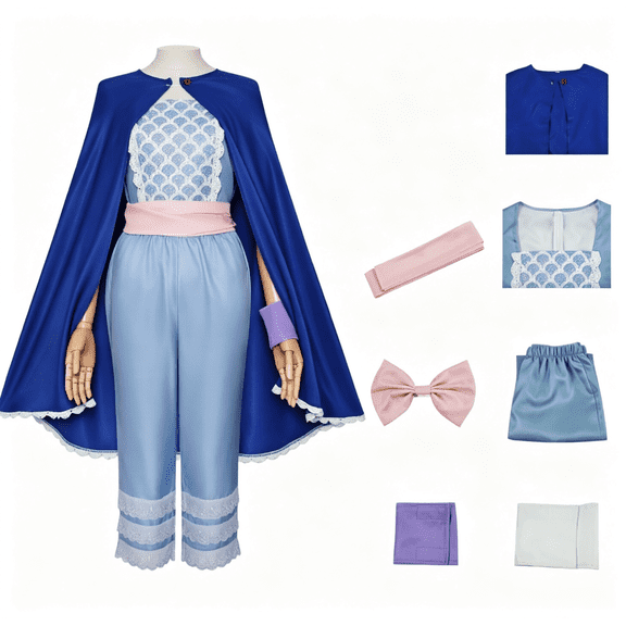 Blue Movie Theme Cowgirl Cosplay Costume for Women, Cape Top Pants with Wrist and Head Accessories, Halloween Outfit for Adults