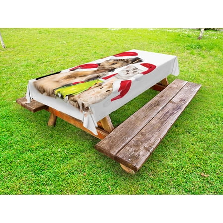 

Christmas Outdoor Tablecloth Xmas Crew Cat Dog Bird Mouse and Rabbit Bunny with Santa Hats Grumpy Pets Picture Decorative Washable Fabric Picnic Table Cloth 58 X 84 Inches Multi by Ambesonne