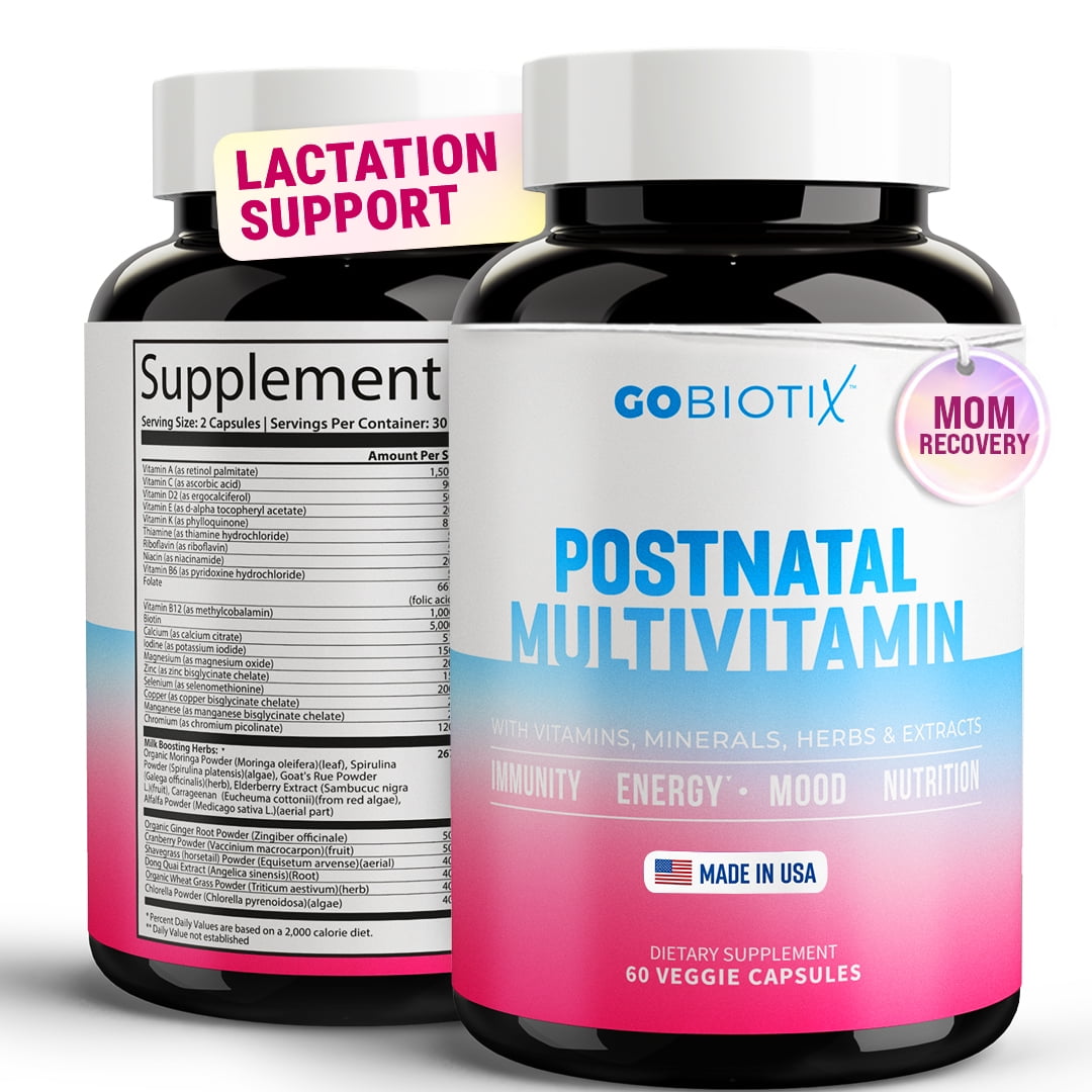 GoBiotix Postnatal Vitamins for Women Breastfeeding, Organic Supplement for Energy & Lactation Support, 60 Caps