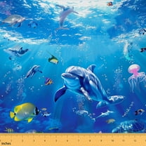 Feelyou 3D Ocean Dolphin Fabric by the Yard 1 Yard for Kids, Kawaii Fish Seashell Room Decor Fabric by the Yard, Cute Sealife Fabric for Sewing, Super Cozy Room Decor