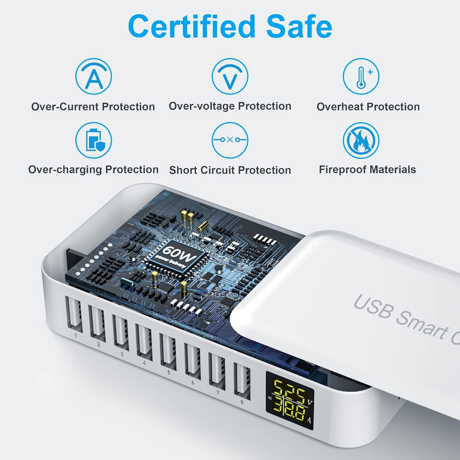 USB Charging Station,  8-Port 60W/12A USB Charger Station, Multi Ports USB-A Charging Hub with LED Display, Compact Desktop Charger for Multiple Devices, iPhone iPad Samsung Android and Tablet