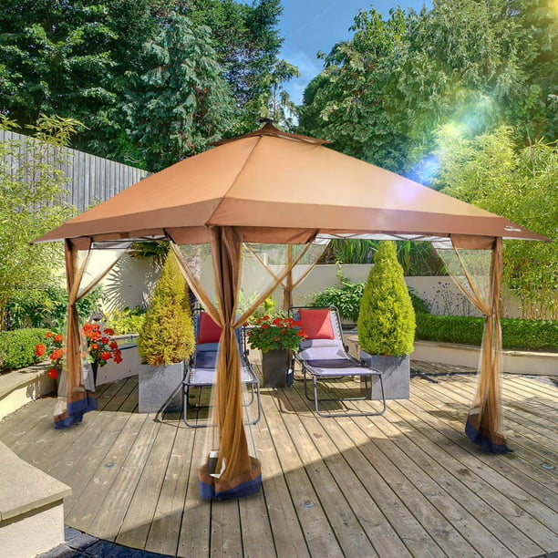 Suntime 12x12ft Patios Canopy Gazebo With Solar Led Light With 2 Tier Hip Roof Brown Walmart Com