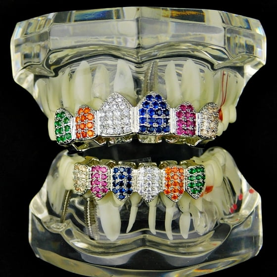 Best Grillz Grillz Set CZ Cubic Zirconia Silver Tone MultiColor Clown Top And Bottom Teeth