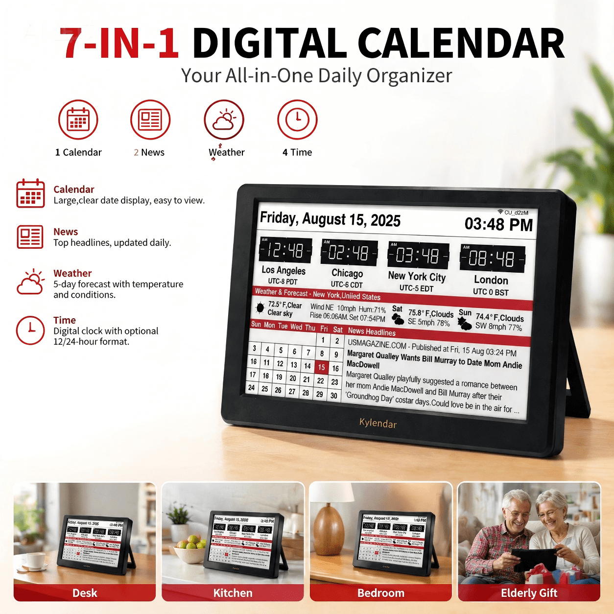 Kylendar 7" E-Ink Digital Desk Calendar with Weather and World Clock, Black