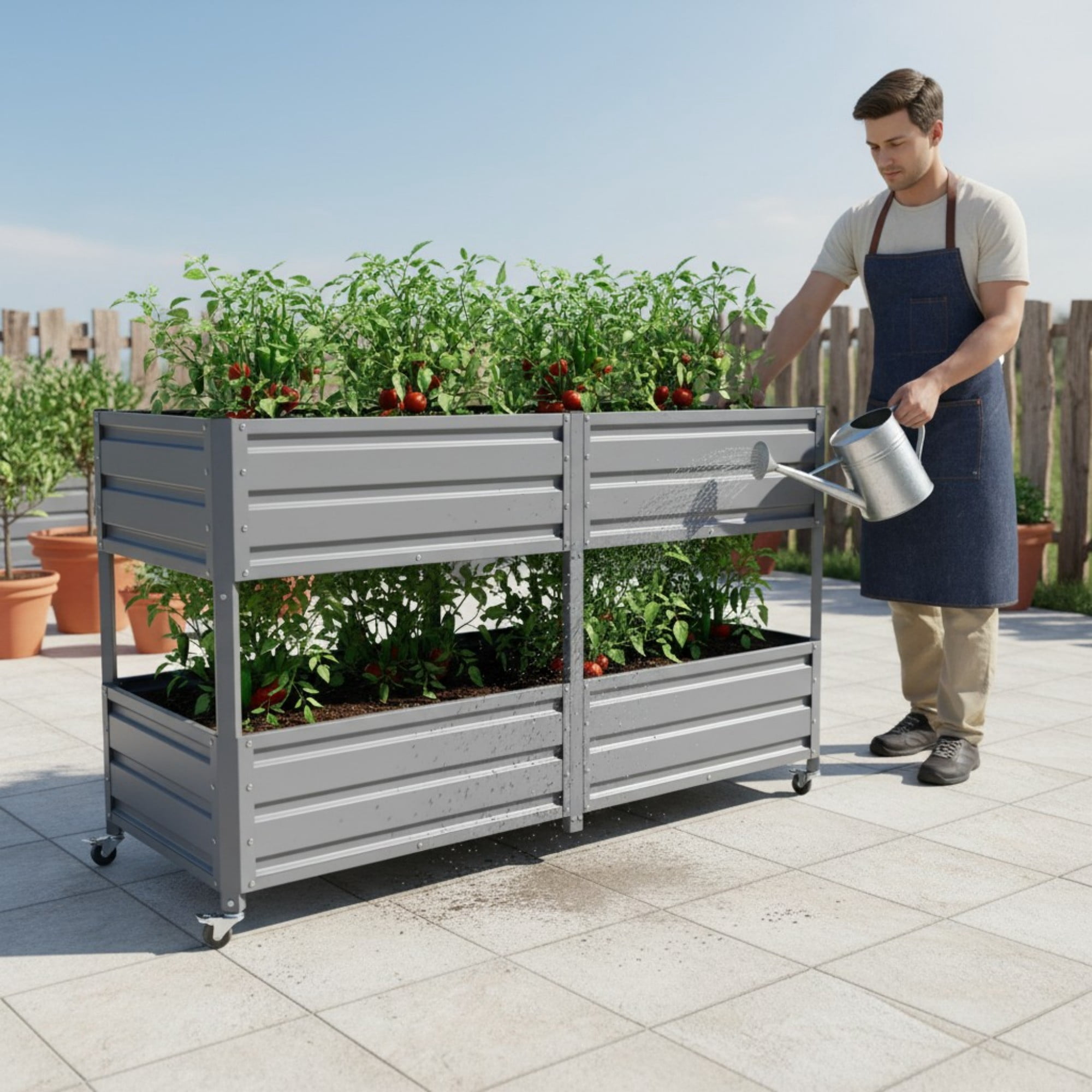 Aukfa 2-Tier Elevated Raised Garden Bed with Lockable Wheels, 37.8" Tall Outdoor Galvanized Metal Planter Box for Vegetables, Herbs, Flowers, Patio Backyard Garden, Gray