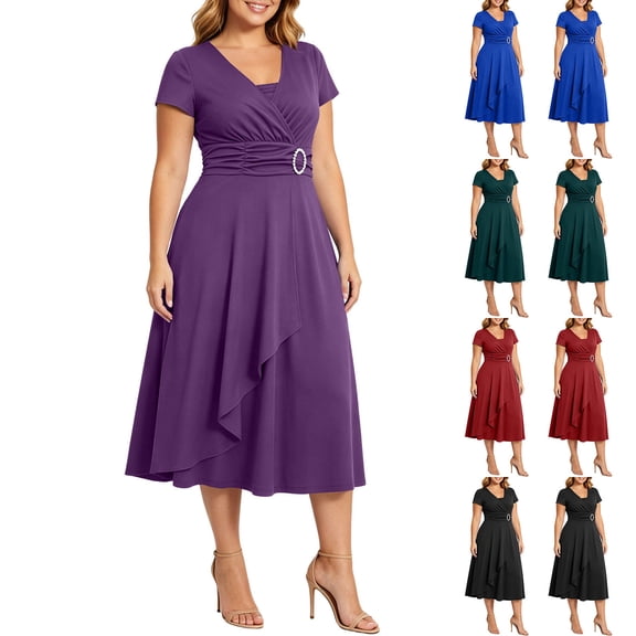 Women's Plus Size V Neck Short Sleeve Midi Dress, High Waist Flared A-Line Solid Vintage Swing formal Dress Purple XL(XL)