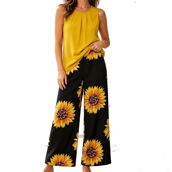 Costeam Womens Solid Color Pleated Sleeveless Top Sunflower Print Wide Leg Capri Pants Two Piece Set Hidden Side Pockets Relaxed Fit Lightweight Casual Coordinate Outfit