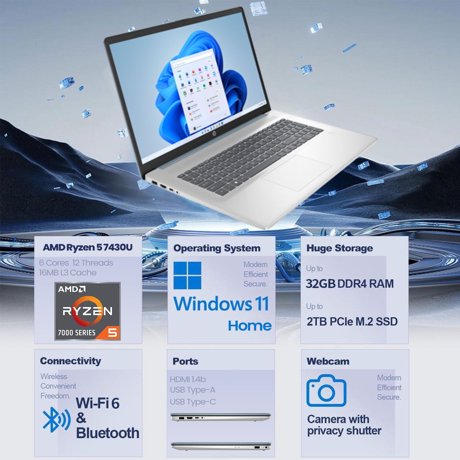 HP 17.3" Touchscreen Laptop, AMD Ryzen 5 7430U, 16GB RAM, 1TB SSD, Backlit, Fingerprint, Win11 Home