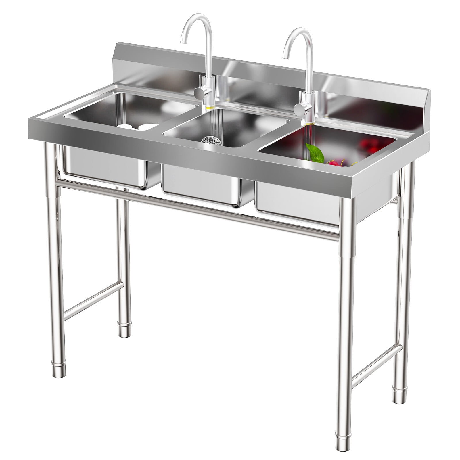 3 Compartment Commercial Kitchen Sink, 39 * 18 * 35.8in Stainless Steel Freestanding Utility Sink with 2 Hot & Cold Faucet Kitchen Prep & UtilitySink for Restaurant Bar Home Laundry Room Garage