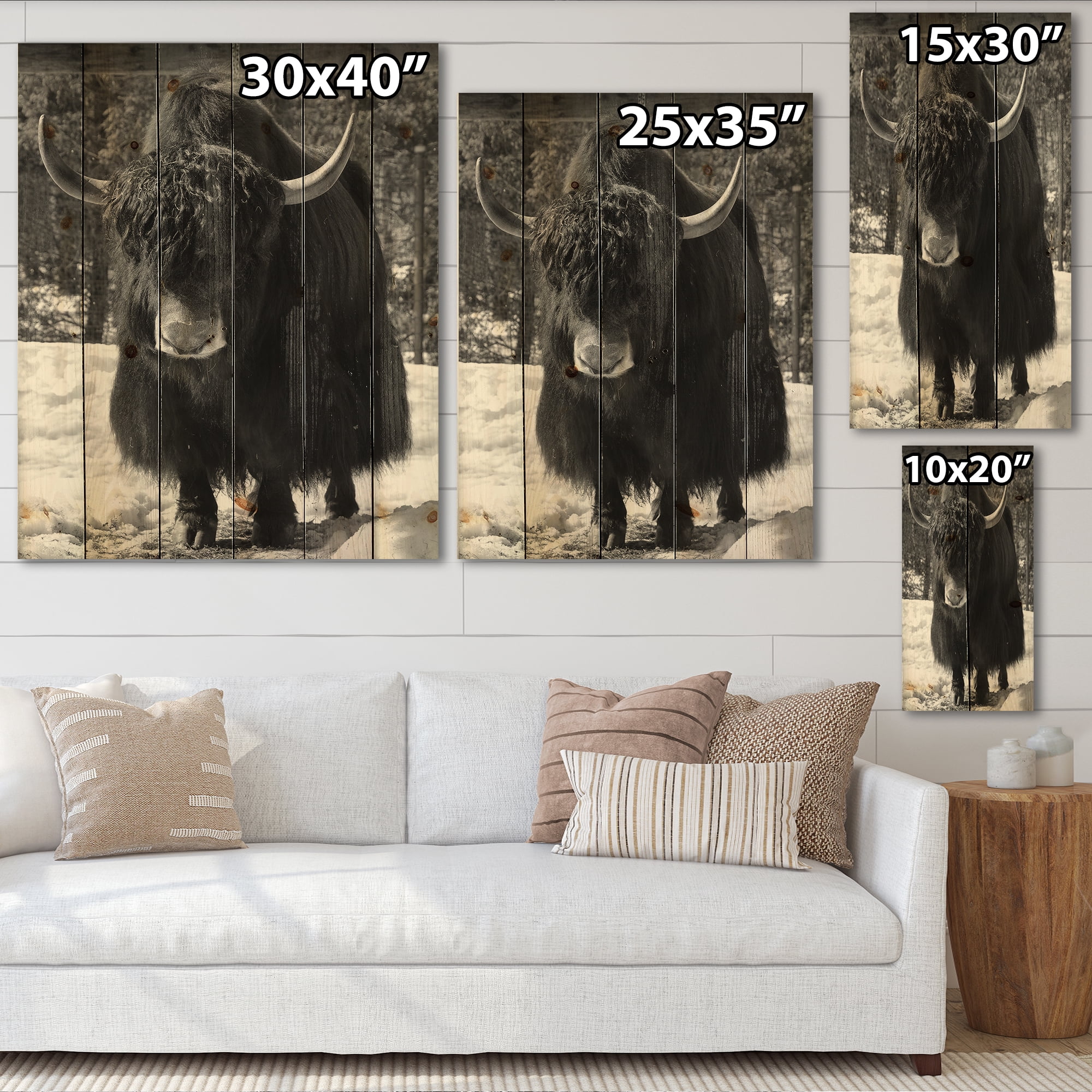 Designart 'Portrait Of Monochrome Wild Bull In Winter Forest I' Farmhouse Print on Natural Pine Wood
