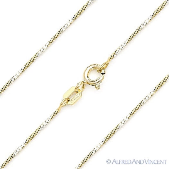 1mm Snake Link & D-Cut Pave Italian Chain Necklace in 2-Tone .925 Sterling Silver w/ 14k Yellow Gold