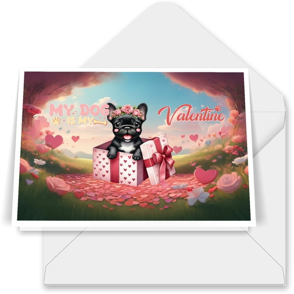 My Dog Is My Valentine Cute French Bulldog in Gift Box 7x5in Folded Greeting Card Dog Lover Gifts Single Note Card with Envelope - 3006