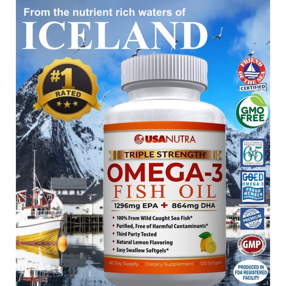 USANUTRA Omega 3 Fish Oil 3600mg Triple Strength Wild Caught Icelandic Anchovy Fish Oil.  120 Easy Swallow Softgels, 40 Day Supply