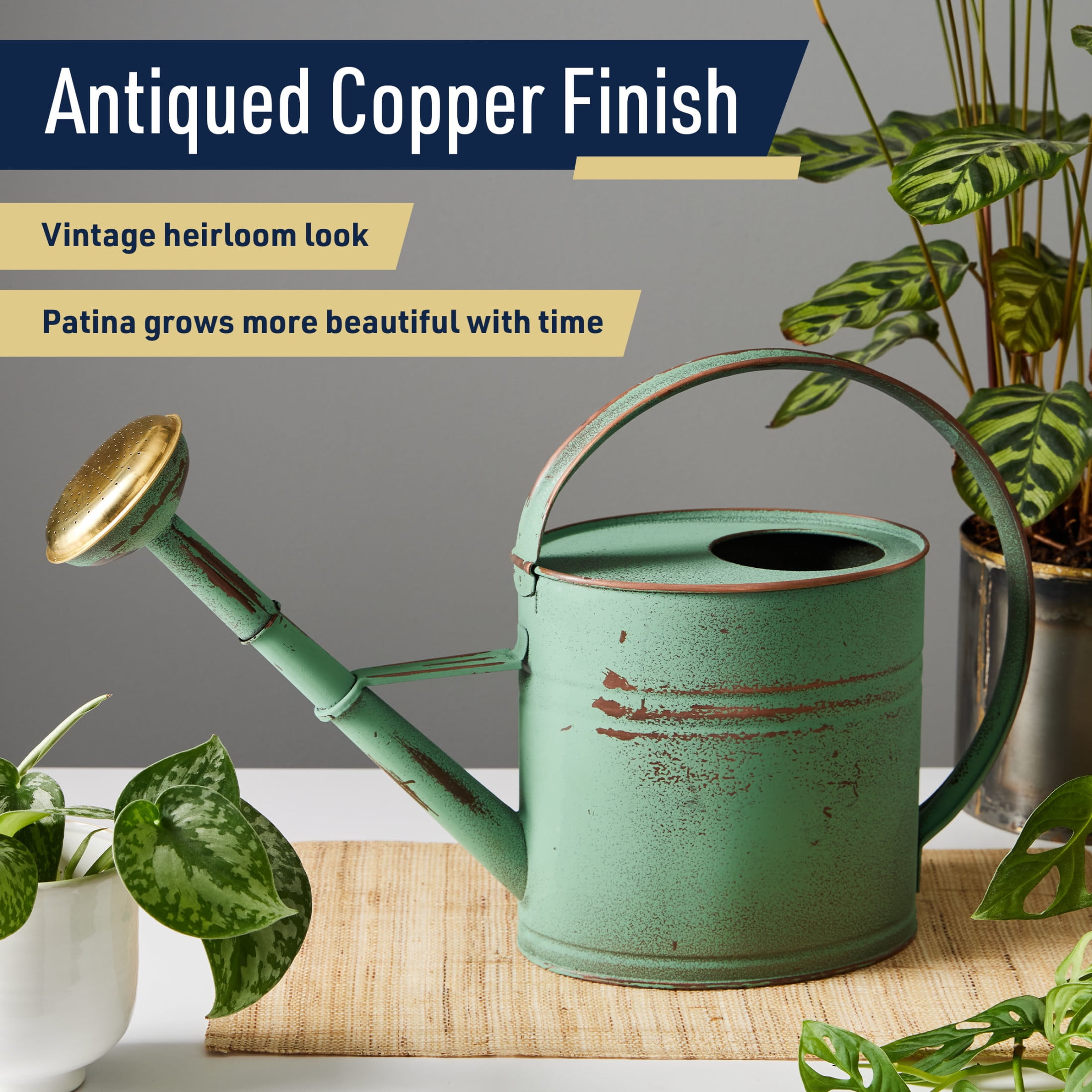 Kings County Tools 1 Gal Indoor Outdoor Copper Plated Metal Watering Can with Removable Spout, Green