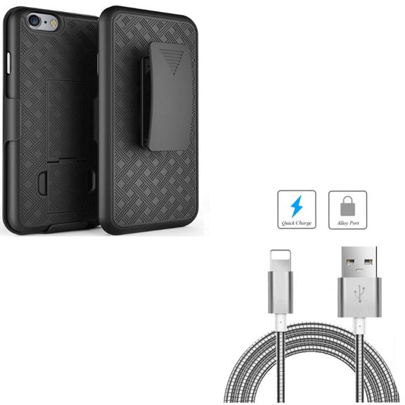 Metal USB Cable w Case Belt Clip for iPhone 8/7 - 6ft Charger Cord Power Wire Long, Holster Swivel Cover Kickstand Armor for iPhone 8/7 Models
