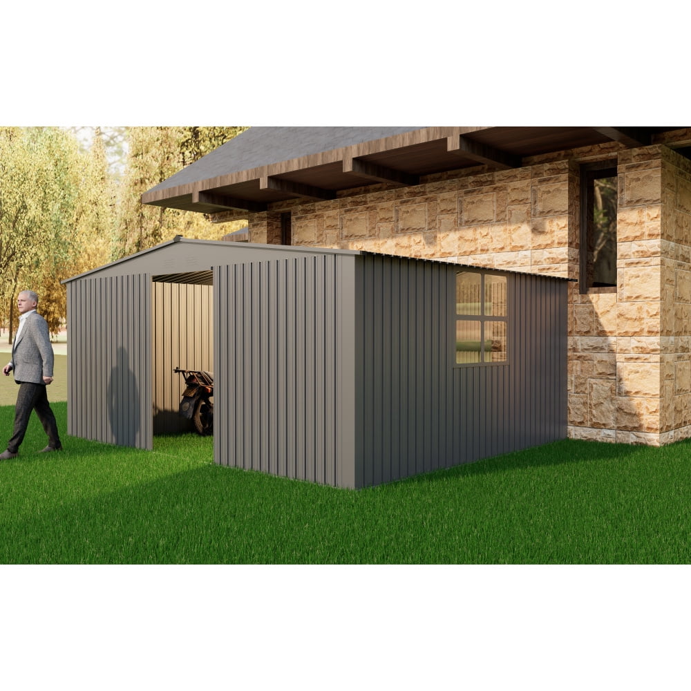 Versatile 11ft x 13ft Grey Outdoor Storage Shed – Dual Function as Metal Shed and Firewood Shed! Perfect for Organizing Tools and Storing Firewood in Style!