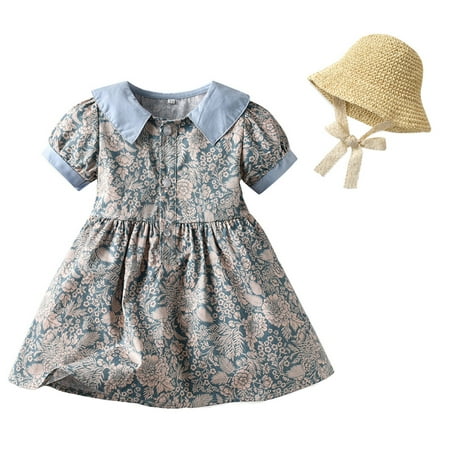 

Casual Dress for Girl Kids Toddler Baby Girls Spring Summer Floral Cotton Short Sleeve Princess Dress Hat Clothes