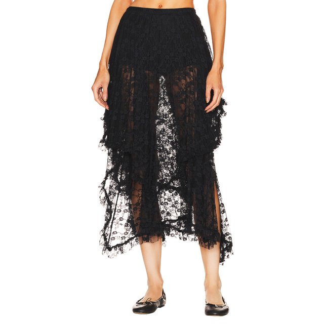 Gupgi Women Lace Skirts Solid Color Irregular Midi Skirt High Waist Ruffle See Through Skirts
