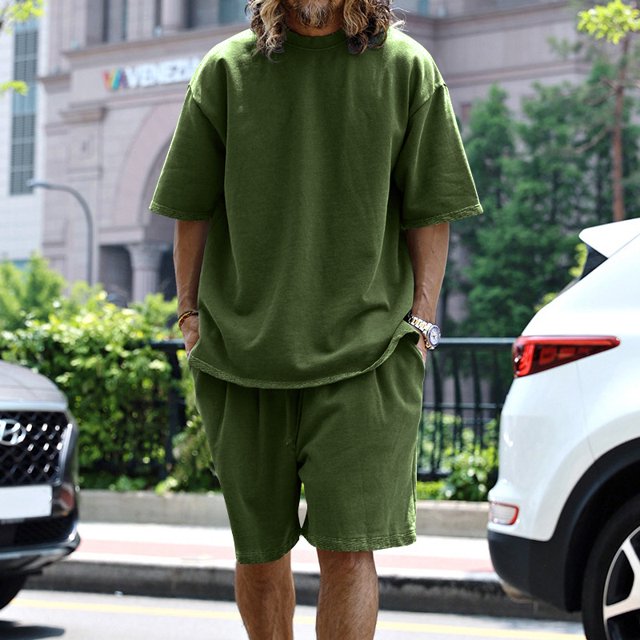 2024 European and American Foreign Trade Amazon plus size Casual Men‘s Suit Loose Short Sleeve Men‘s T Spring and Summer Shorts Solid Color Men‘s Wear