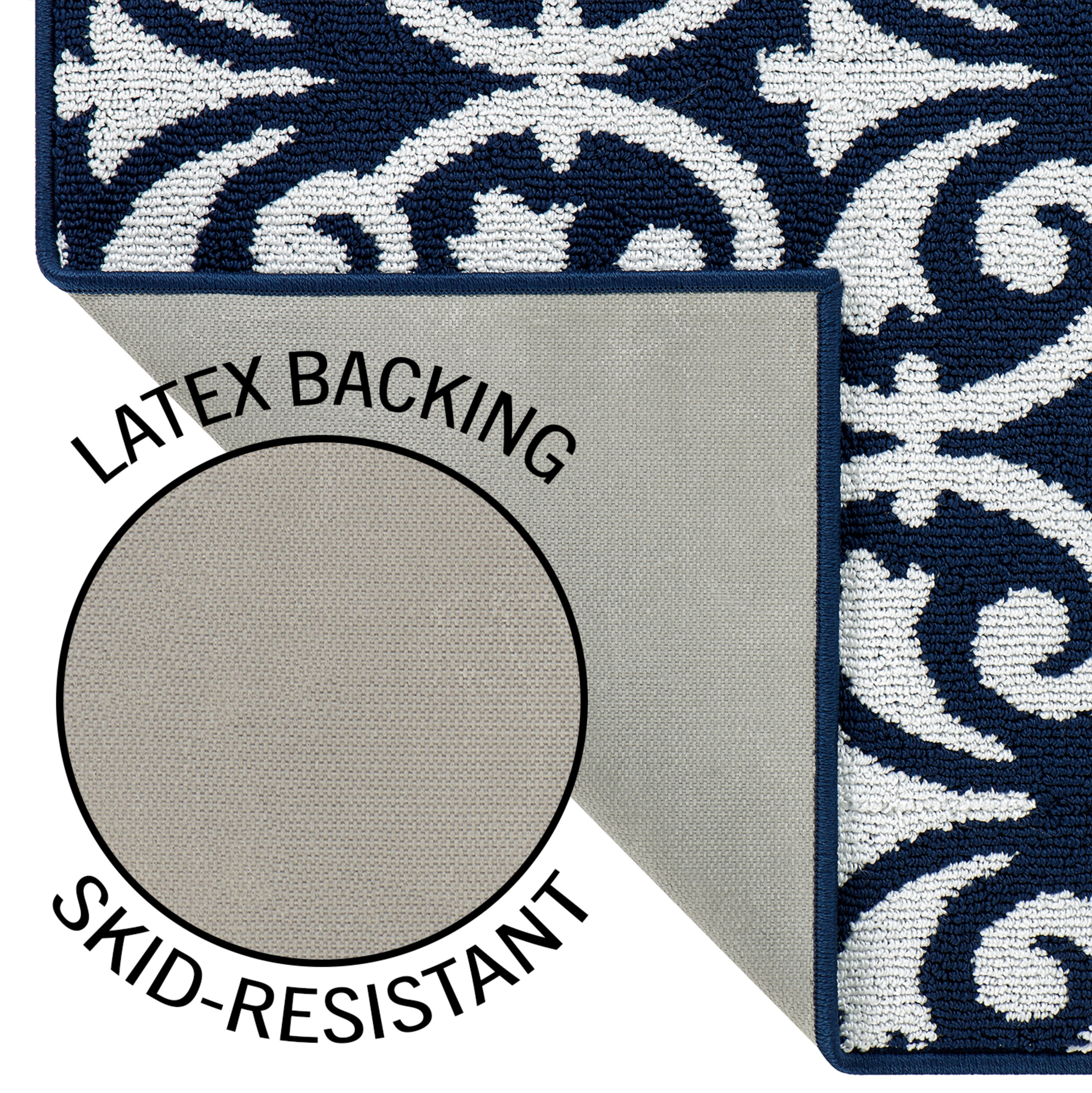 Washable Non-Slip Accent Rug, Floral Scroll, Navy and White, 26"x 45"