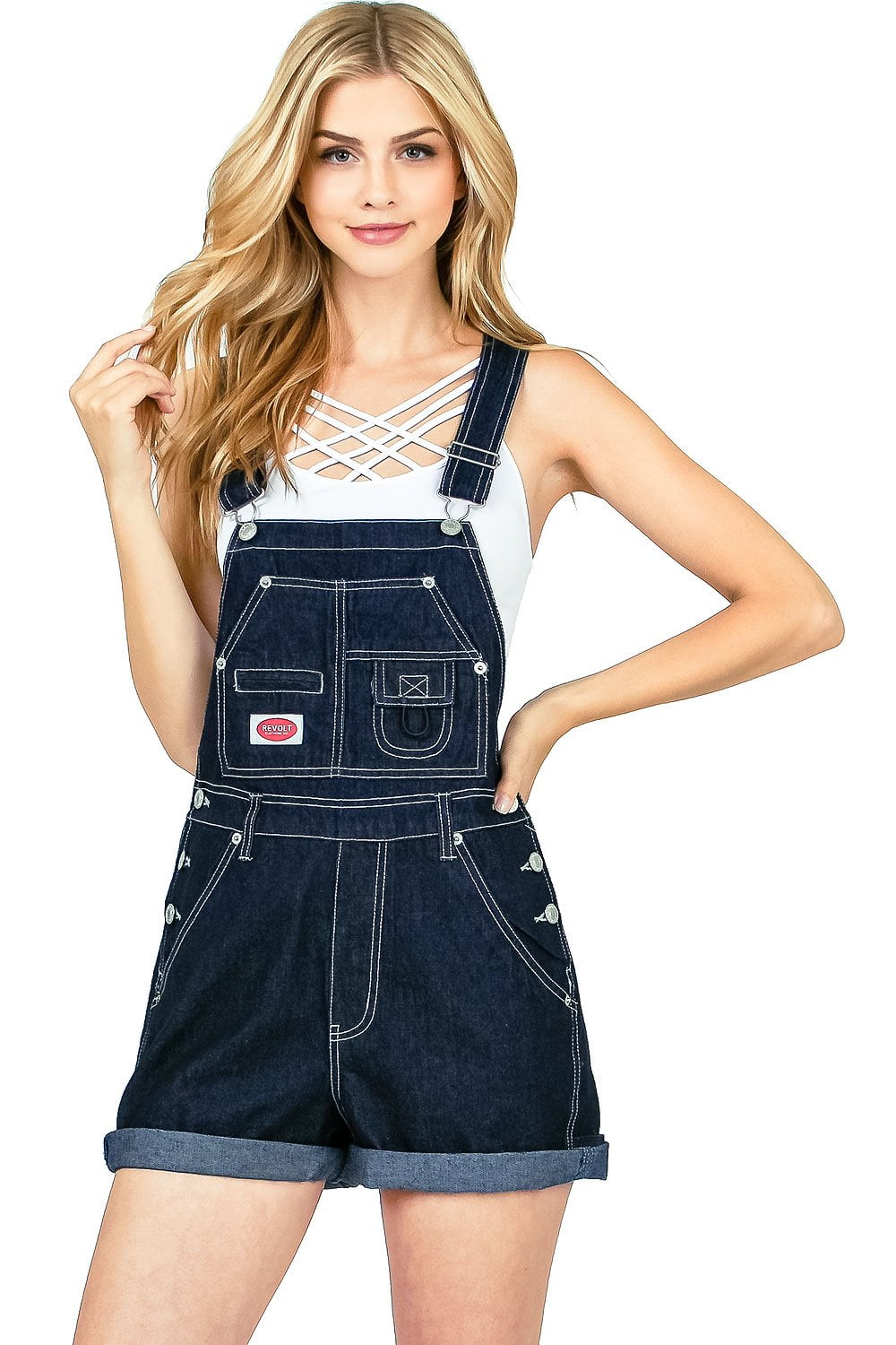 Revolt - Revolt Women's Juniors Classic Denim Short Overalls (L, Dark ...