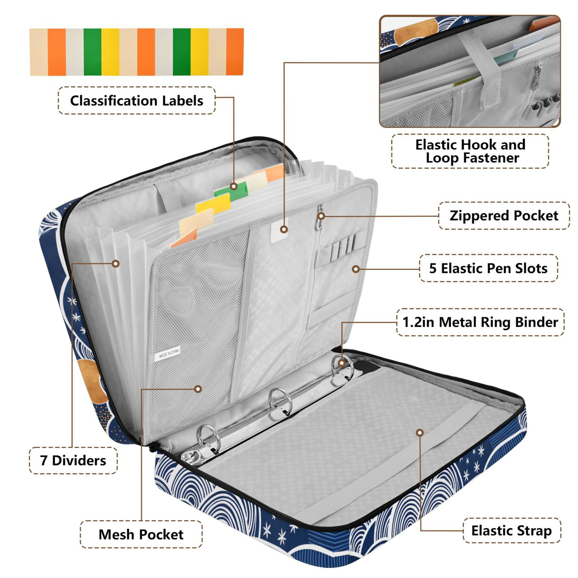 FORMRS Accordion File Folder A4 Size 7-Pocket Expanding Document Organizer Bag with 3 Ring Binder, Blue Night Sky