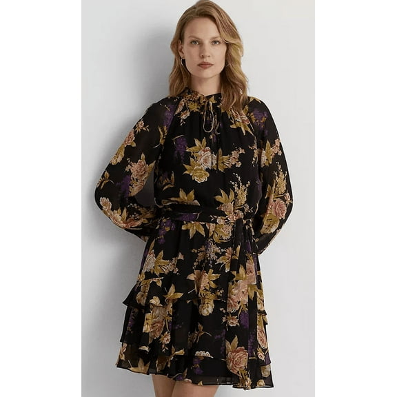 Ralph Lauren BLACK/TAN/MULTI Women's Floral Belted Crinkle Georgette Dress, US 2