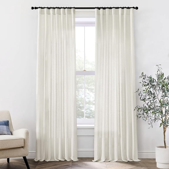 Linen Cotton Farmhouse Curtains for Living Room, Cream Off White Natural Fabric Semi Sheer Curtains 84 Inches Long, Neutral Ivory Boho Pleated Bedroom Bay Window Curtain Drapes 84 Length 2 Panels Set