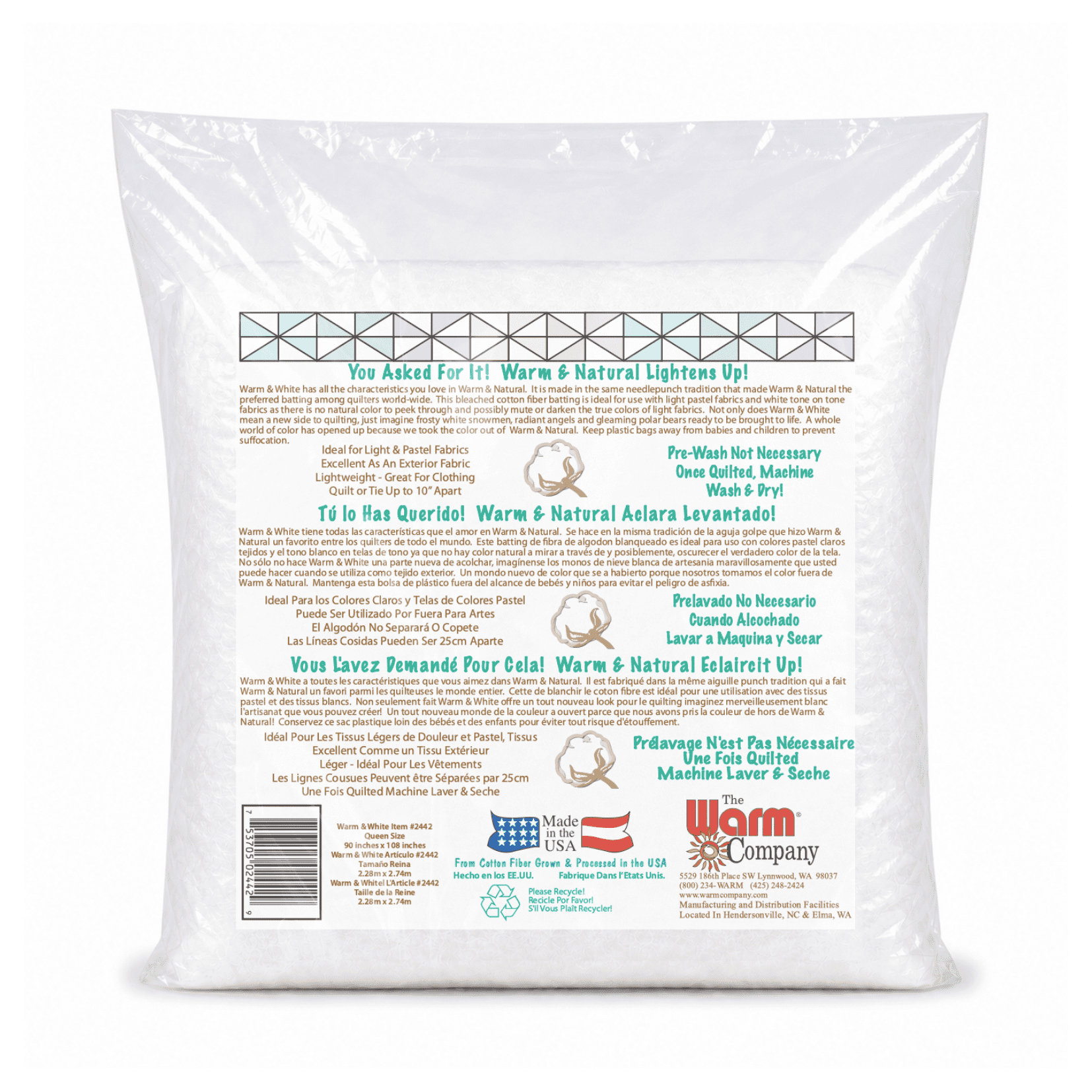 Warm & White Cotton Batting Queen Size 90'' x 108'' Precut