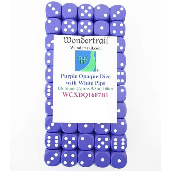 Purple Opaque Dice with White Pips D6 16mm (5/8in) Pack Of 100 Wondertrail