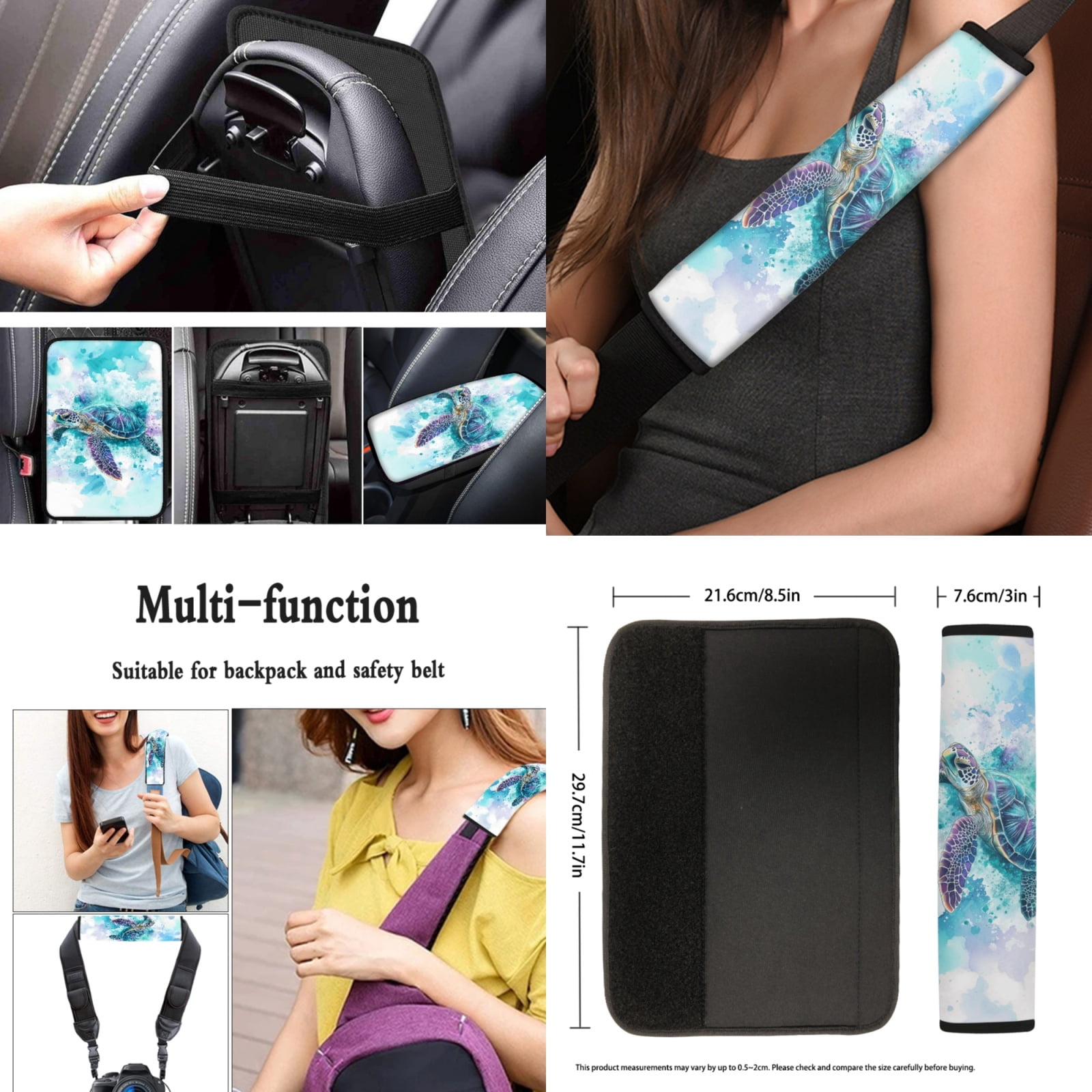 Yuyamidu Watercolor Sea Turtle Car Seat Cover Split Covers Blue Steering Wheel Cover Seatbelt Pads Auto Armrest Cover Key Ring Coasters Auto Decor Set of 13