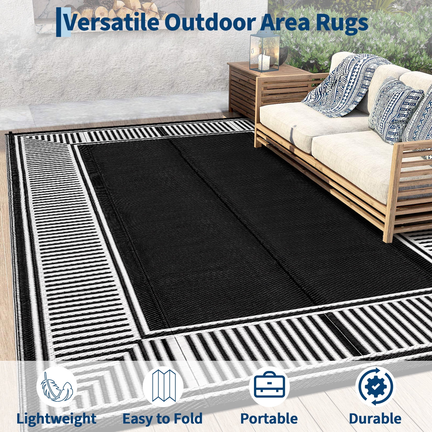 HIWEAVER 10' x 14' Black/White Outdoor Rug PP Plastic Straw Woven Waterproof Patio Rug with Border Portable Outside Carpet for Balcony Deck Picnic Garden Decor