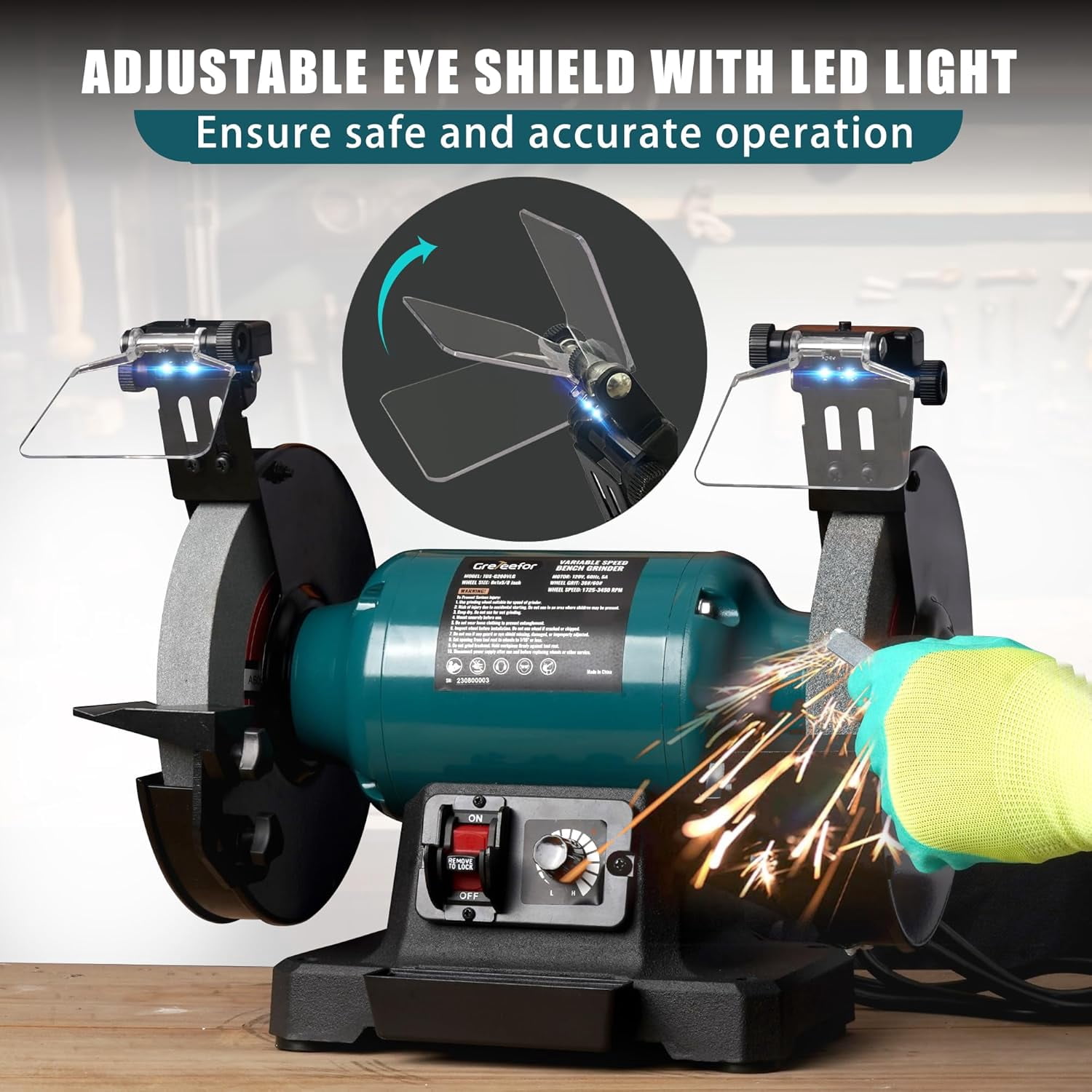 6-Inch Variable Speed Bench Grinder with Grinding Wheel Dresser, 1725–3450 RPM 2.5 Amp Brushless Induction Motor for Sharpening, Grinding & Polishing