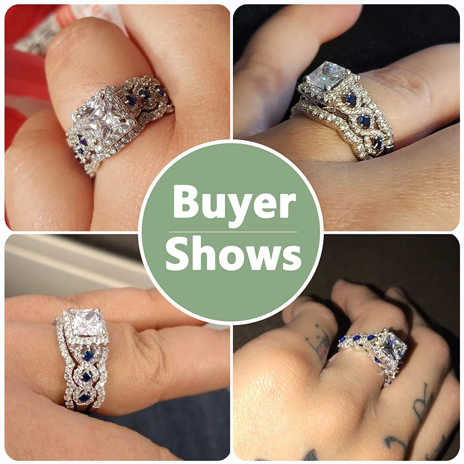 Newshe Engagement Wedding Ring Set 925 Sterling Silver 3pcs 2.5ct Princess White Cz Blue Size 4-13 