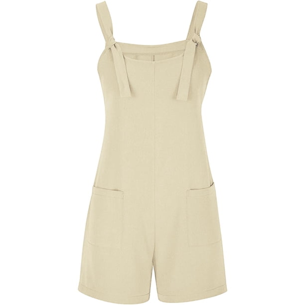Gibobby Monos de Moda Mono corto con cuello redondo y bolsillo para mujer(Beige, XXXXL)