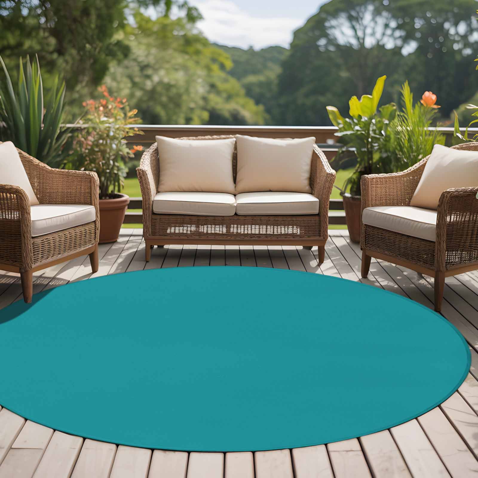Teal 7ft Round Rug, Farmhouse Solid Turquoise Color Modern Art Non-Skid Rubber Backing Large Area Rugs - Living Room Bedroom Home Office, Indoor Floor Mat Carpets Washable Rug