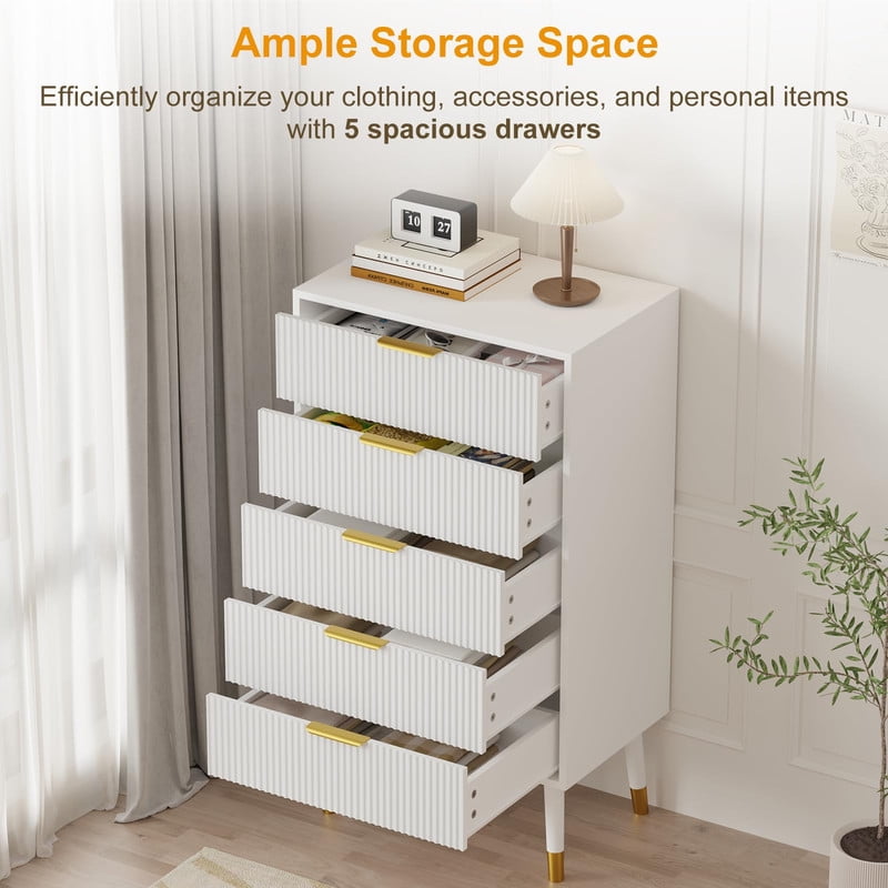 TROPOW 5 Drawer Dresser for Bedroom, Modern Closet Dressers Chest of Drawers, Storage Chest Cabinet Organizer Unit, Small Fluted Nightstand for Bedroom