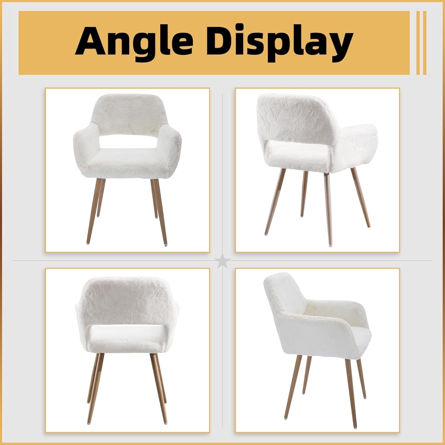 CRXX Desk Chair, Modern Home Office Chair Without Wheels, Faux Fur Vanity Chair with Hollow Backrest, Comfy Armchair Wood Frame with Strudy Metal Legs, White